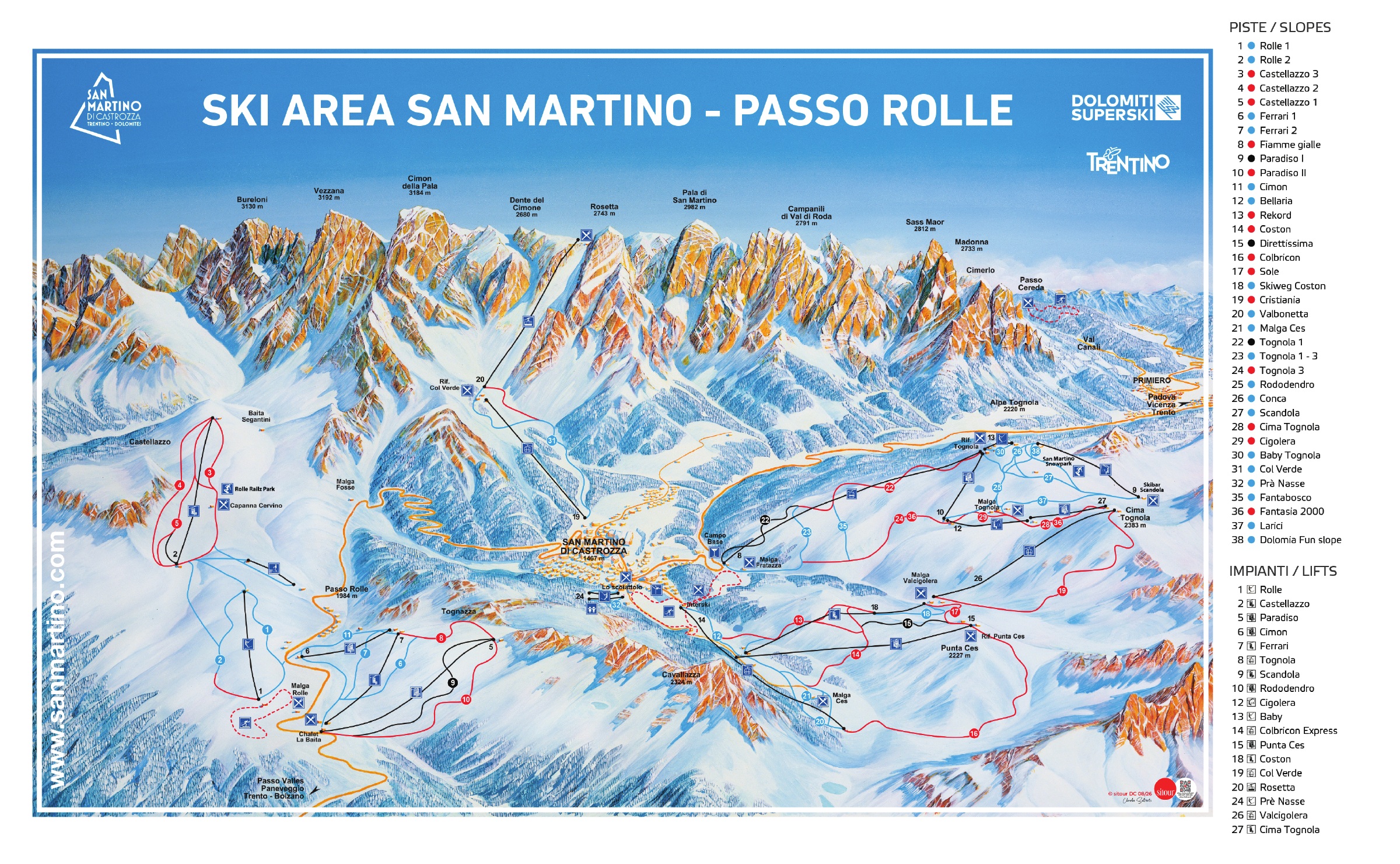 Mapa de pistas de esquí de San Martino di Castrozza - Mapa oficial de esquí